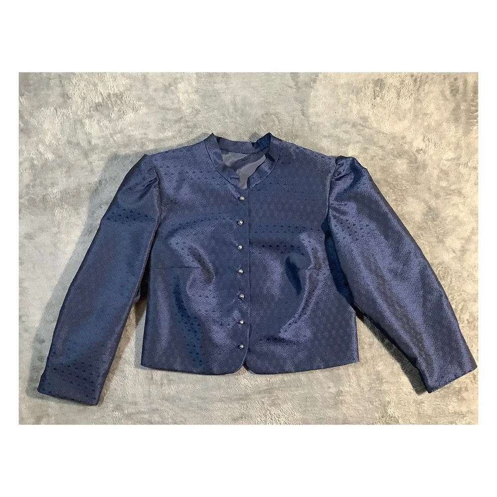 Vintage 80s Navy Blue Jacquard Cropped Jacket Puff Sleeve Women's‎ Medium Formal